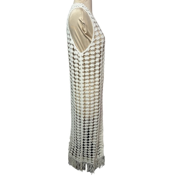 Nali Collection white Cotton Crochet Fringe Sleeveless Cardigan - Picture 2 of 9